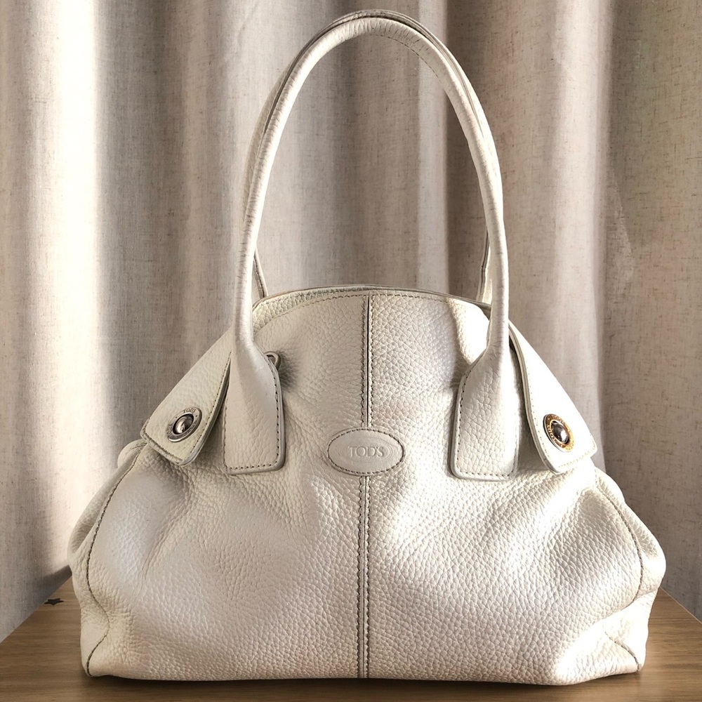 Tod's Cream Pebbled Leather Shoulder Bag with Top Handles
